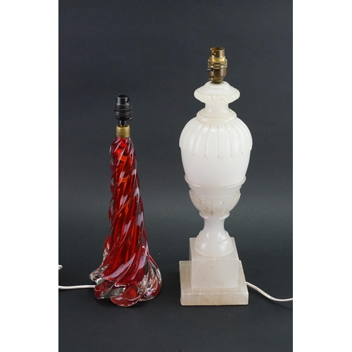 584 - An Alabaster Table Lamp & one other in Red Glass with a swirl pattern.