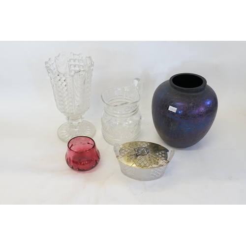 640 - An Iridescent Glass Vase possibly Brierley, a Celery Vase, Victorian Butter Tub, Cranberry & a Glass... 