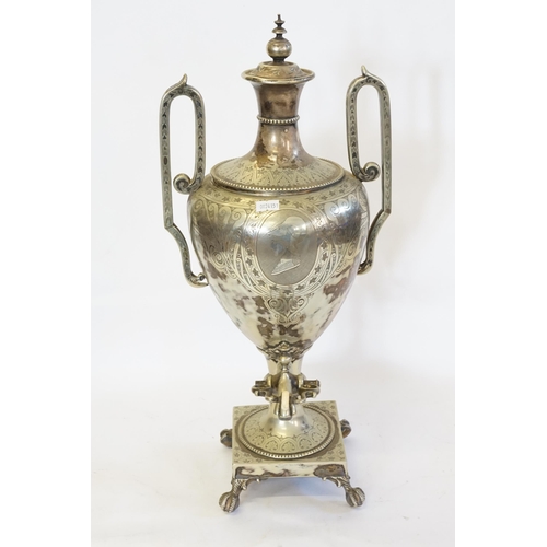 135 - A Victorian Silver Plated Coffee Urn with engraved decoration & standing on a square base with bird'... 