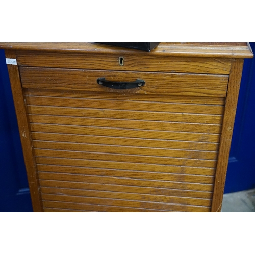 496 - A 1920s Panel Sided Tambour Fronted Filing Cabinet fitted with Pull-Out Drawers & Brass Name Plates.... 