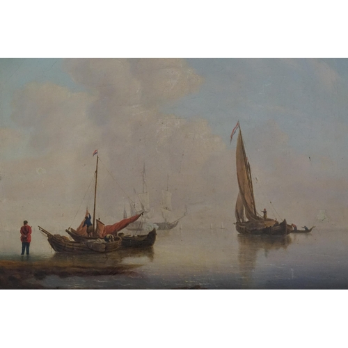 940 - An Antique Oil on Canvas of Fishing Boats unloading there catch, a Three Mast Battleship in distance... 