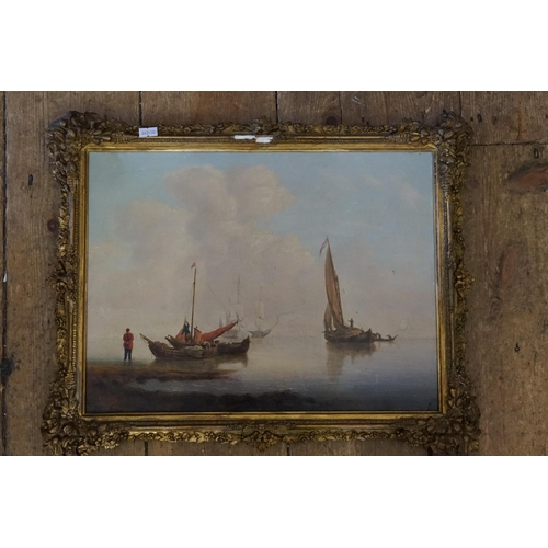 940 - An Antique Oil on Canvas of Fishing Boats unloading there catch, a Three Mast Battleship in distance... 