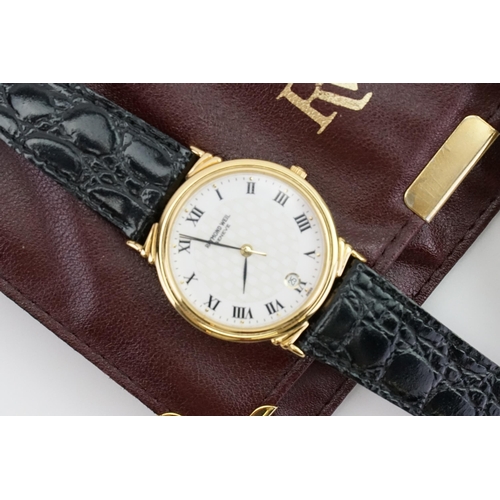 306 - A ladies Raymond Weil gold plated wristwatch, ref 5531 stainless steel back, black leather strap, pu... 