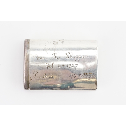 600 - An interesting Silver match stick case, presented from the skipper on Feb 4th 1927 to congratulate B... 