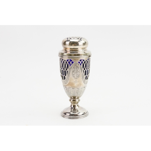 83 - A 1910 George Nathan & Ridley Hayes	silver sugar shaker. With pierced decoration and glass blue inse... 