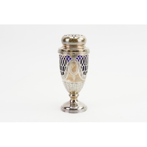 83 - A 1910 George Nathan & Ridley Hayes	silver sugar shaker. With pierced decoration and glass blue inse... 