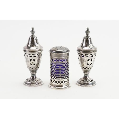 90 - A pair of unmarked silver coloured white metal salt and pepper. Along with a Chester marked pepper.