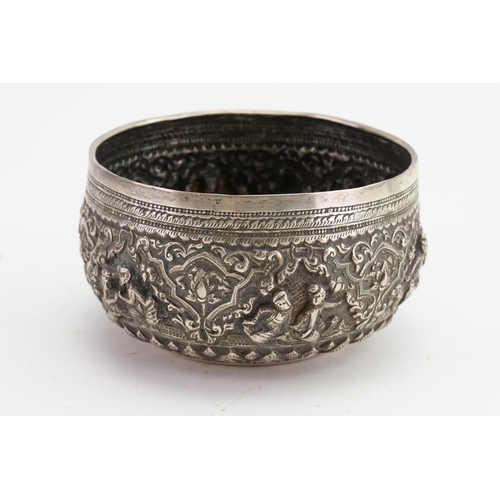 94 - A silver coloured white metal, Indian designed bon bon dish. Depicting various scenes. Weight 111g