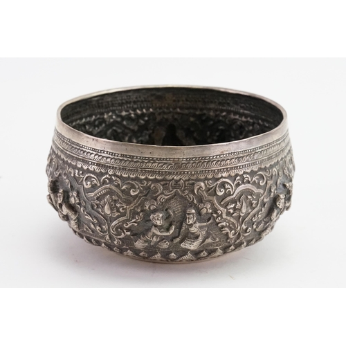 94 - A silver coloured white metal, Indian designed bon bon dish. Depicting various scenes. Weight 111g