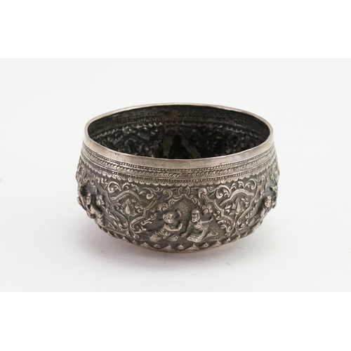 94 - A silver coloured white metal, Indian designed bon bon dish. Depicting various scenes. Weight 111g