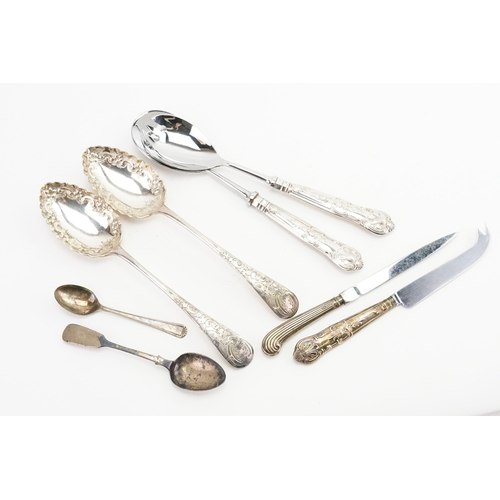 127 - A pair of silver handled servers, plated servers spoons etc.