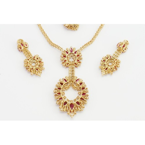 246 - An incredible 18ct diamond and ruby three-piece jewellery suite, consisting of 238 diamonds & 90 cab... 