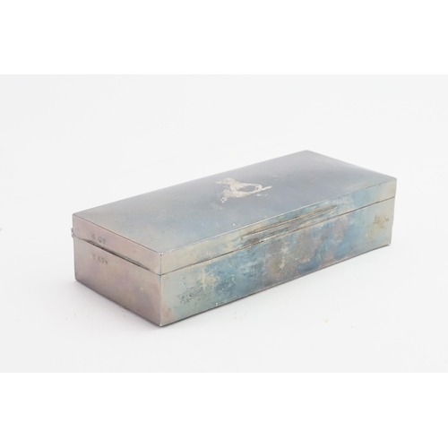 119 - A silver 1893 cigar box. Decorated with a stag head crest. Size 20cm x 8.5cm x 4.5cm.