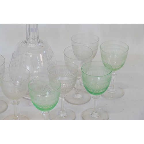 636 - A Cut Glass Decanter and Collection of Wine Glasses.