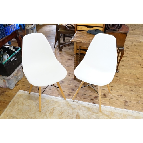 528 - A Pair of White Plastic Kitchen Chairs with Pine & metal Legs.