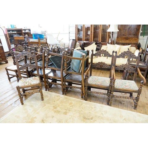 531 - A Set of Twelve Jacobean Dining Room Chairs with Bobbin Twist Cross Stretchers, Solid Seats, Twinned... 