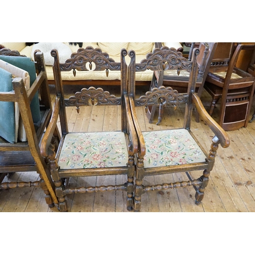 531 - A Set of Twelve Jacobean Dining Room Chairs with Bobbin Twist Cross Stretchers, Solid Seats, Twinned... 