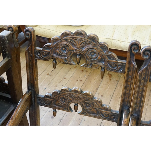 531 - A Set of Twelve Jacobean Dining Room Chairs with Bobbin Twist Cross Stretchers, Solid Seats, Twinned... 