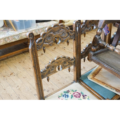 531 - A Set of Twelve Jacobean Dining Room Chairs with Bobbin Twist Cross Stretchers, Solid Seats, Twinned... 