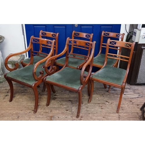 535 - A Set of 6 Reproduction Regency designed Chairs with Green Velvet Cushions (2 x Carvers + 4 x Chairs... 