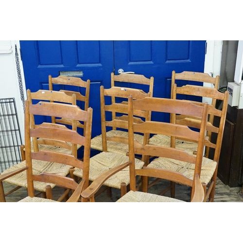 543 - A Set of 6 + 2 Carvers Wicker & Pine Kitchen Chairs.