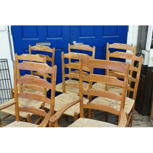 543 - A Set of 6 + 2 Carvers Wicker & Pine Kitchen Chairs.