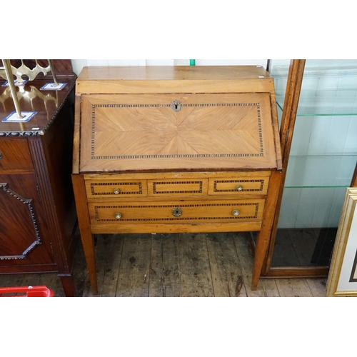 545 - A late 19th Century, French, Leon, Mahogany and Fruit wood inlaid full front bureau, three graduated... 