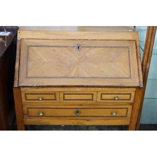 545 - A late 19th Century, French, Leon, Mahogany and Fruit wood inlaid full front bureau, three graduated... 