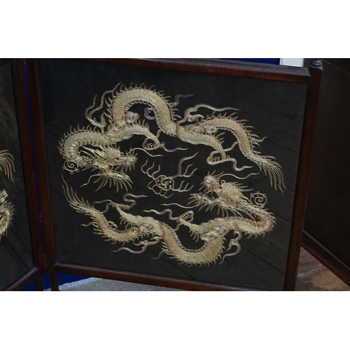 574 - An Aesthetic Period Two Fold Fire Screen with inset panels of Dragons.