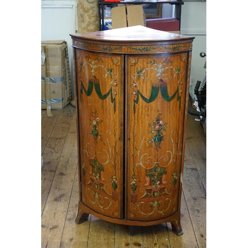 587 - A Late 19th Century Satin Walnut Painted Corner Cupboard decorated with Garlands, Flowers, Decorativ... 