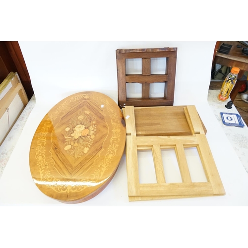 592 - A Flower Press, a Chopping Board Stand & an inlaid Lift-Top Sorento Ware Table.