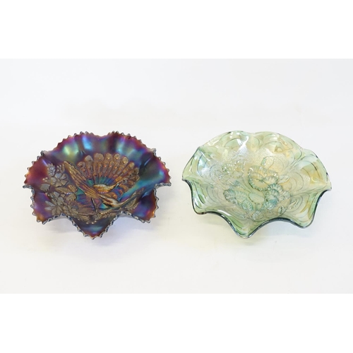 314 - Two Carnival Glass Dishes, one decorated with Peacocks & the other with Art Nouveau Flowers.