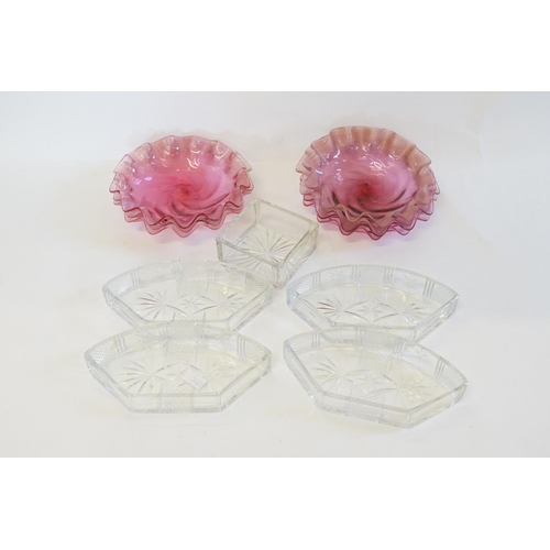 316 - A Set of Seven Victorian design Cranberry Glass Ice Plates with frilled edges & 5 Cut Class Dishes.