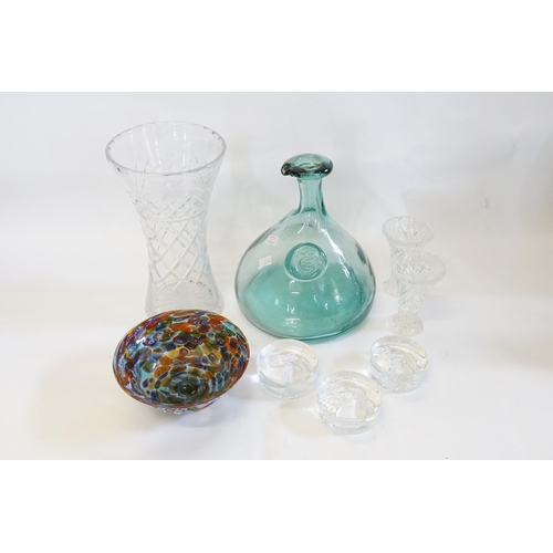 324 - A Studio Glass End of Day Bowl, a Cut Glass Vase, Commemorative Paper Weights, Wine Pourer, etc.