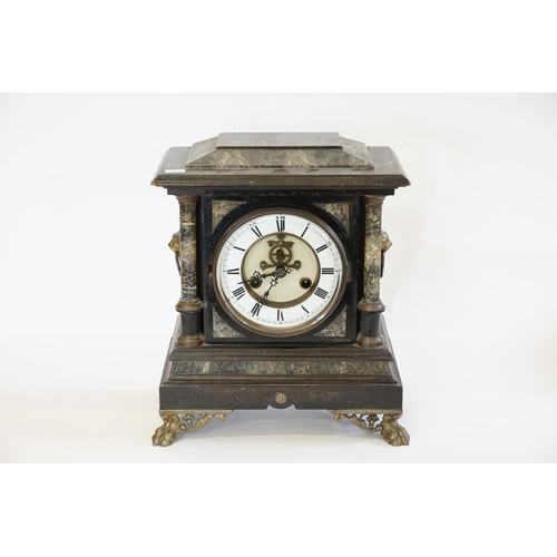 208 - A Victorian wooden cased and marble effect drawing room clock with enamelled face, visible escapemen... 