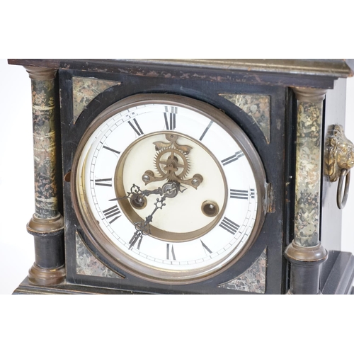 208 - A Victorian wooden cased and marble effect drawing room clock with enamelled face, visible escapemen... 