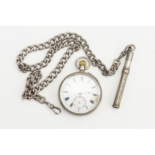 187 - A silver pocket watch, with sub second dial, along with a silver Albert chain and pencil. Weight 155... 