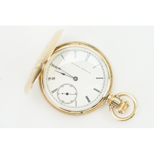 193 - A 14ct yellow gold full hunter pocket watch, made by Illinois watch Co. Roman numeral dial and sub s... 