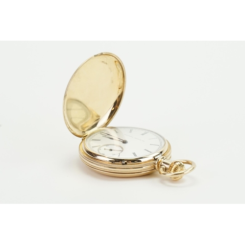 193 - A 14ct yellow gold full hunter pocket watch, made by Illinois watch Co. Roman numeral dial and sub s... 