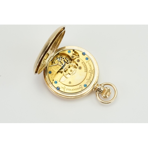 193 - A 14ct yellow gold full hunter pocket watch, made by Illinois watch Co. Roman numeral dial and sub s... 