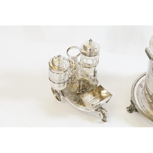 75 - A Victorian engraved Silver Plated Biscuit Barrel & a Silver Plated Cruet Set designed as a Dinkey.