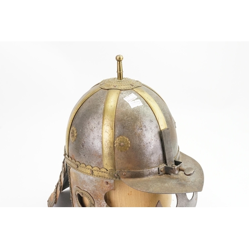 286 - An Iron & Brass Lobster Pot Helmet for the Polish Hussars with a Wooden Base.