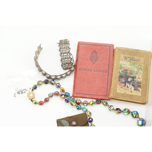 138 - A Silver Fillagree Necklace along with a Murano Necklace, a Book & an Original Driving Licence.