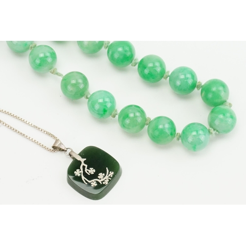 130 - A Chinese Jade inlaid Necklace & a similar Bead Necklace.