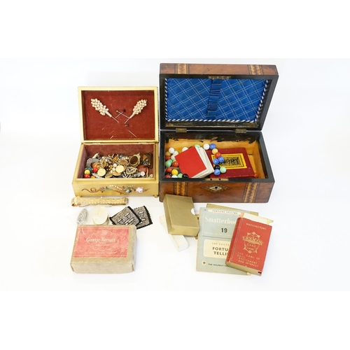 140 - A Tunbridge Ware inlaid Box containing various Cards, Pens, a George Tarratt of Leicester Box, Costu... 