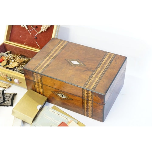 140 - A Tunbridge Ware inlaid Box containing various Cards, Pens, a George Tarratt of Leicester Box, Costu... 