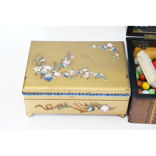 140 - A Tunbridge Ware inlaid Box containing various Cards, Pens, a George Tarratt of Leicester Box, Costu... 