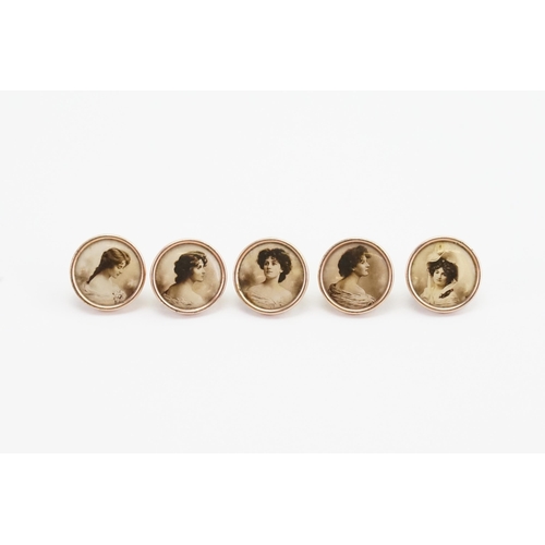 115 - A set of five Victorian waistcoat buttons, depicting Theatrical Leading Ladies.