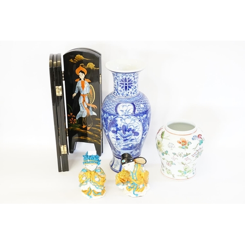 637 - A Blue & White decorated Chinese Vase, a Squat Vase decorated with Flowers, two studies of Children ... 