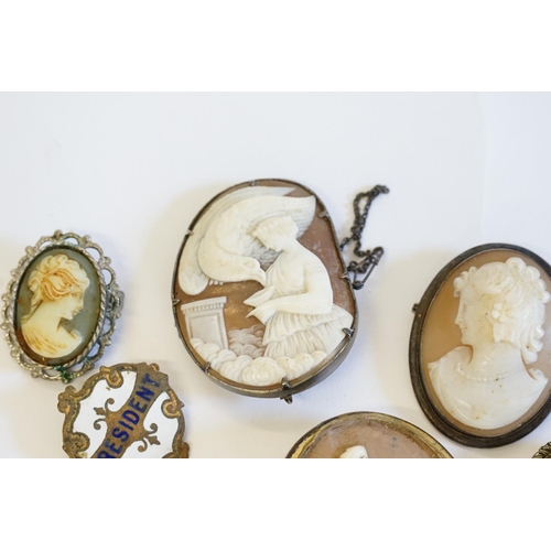 137 - A Cameo Brooch depicting a Classical Lady & a Bird, an Angel Silver mounted, Cameo Bracelet, etc.